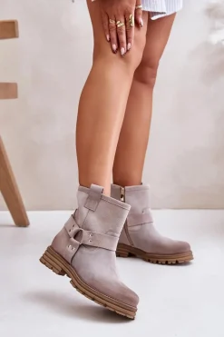 Zamszowe Botki Damskie Na Płaskim Obcasie Lewski 3610 Cappucino