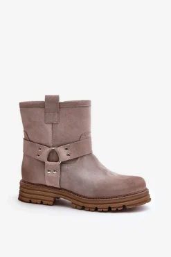 Zamszowe Botki Damskie Na Płaskim Obcasie Lewski 3610 Cappucino