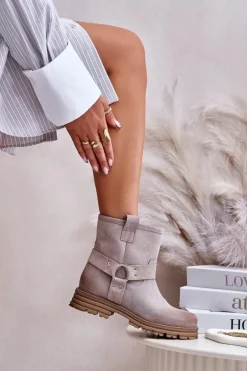 Zamszowe Botki Damskie Na Płaskim Obcasie Lewski 3610 Cappucino