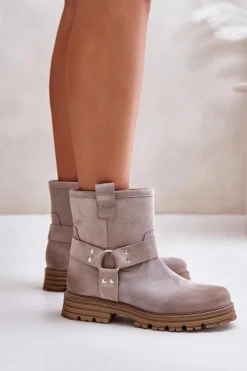 Zamszowe Botki Damskie Na Płaskim Obcasie Lewski 3610 Cappucino