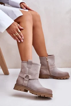 Zamszowe Botki Damskie Na Płaskim Obcasie Lewski 3610 Cappucino