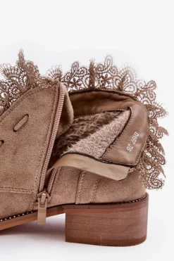Zamszowe Botki Damskie Na Płaskim Obcasie Beżowe Klemovia