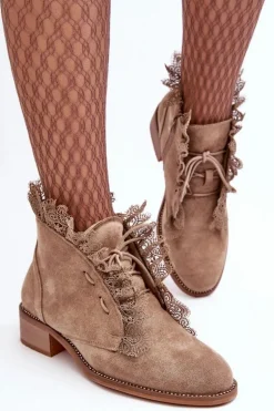 Zamszowe Botki Damskie Na Płaskim Obcasie Beżowe Klemovia