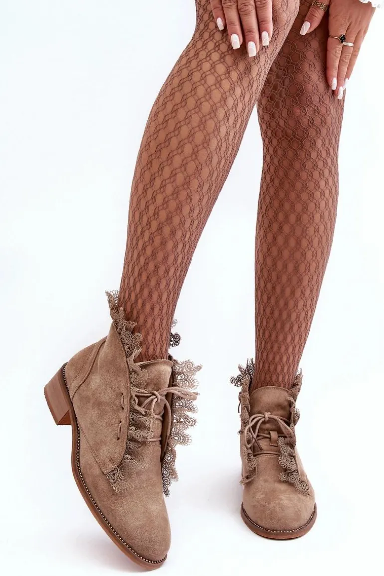 Zamszowe Botki Damskie Na Płaskim Obcasie Beżowe Klemovia