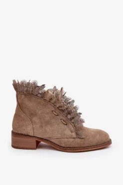 Zamszowe Botki Damskie Na Płaskim Obcasie Beżowe Klemovia