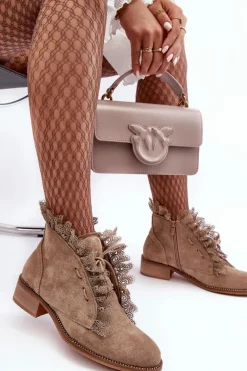 Zamszowe Botki Damskie Na Płaskim Obcasie Beżowe Klemovia