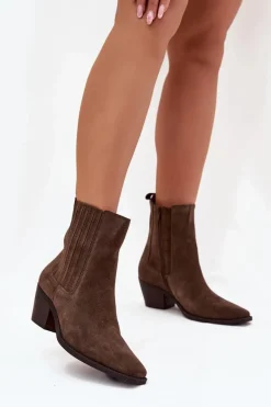 Zamszowe Botki Damskie Na Słupku Ocieplane Khaki Arelia