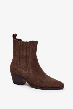 Zamszowe Botki Damskie Na Słupku Ocieplane Khaki Arelia