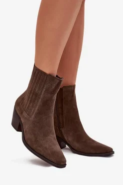 Zamszowe Botki Damskie Na Słupku Ocieplane Khaki Arelia