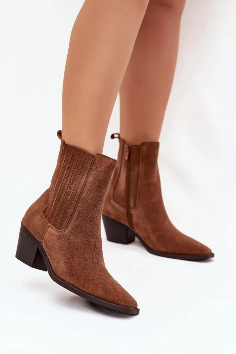 Zamszowe Botki Damskie Na Słupku Ocieplane Camel Arelia