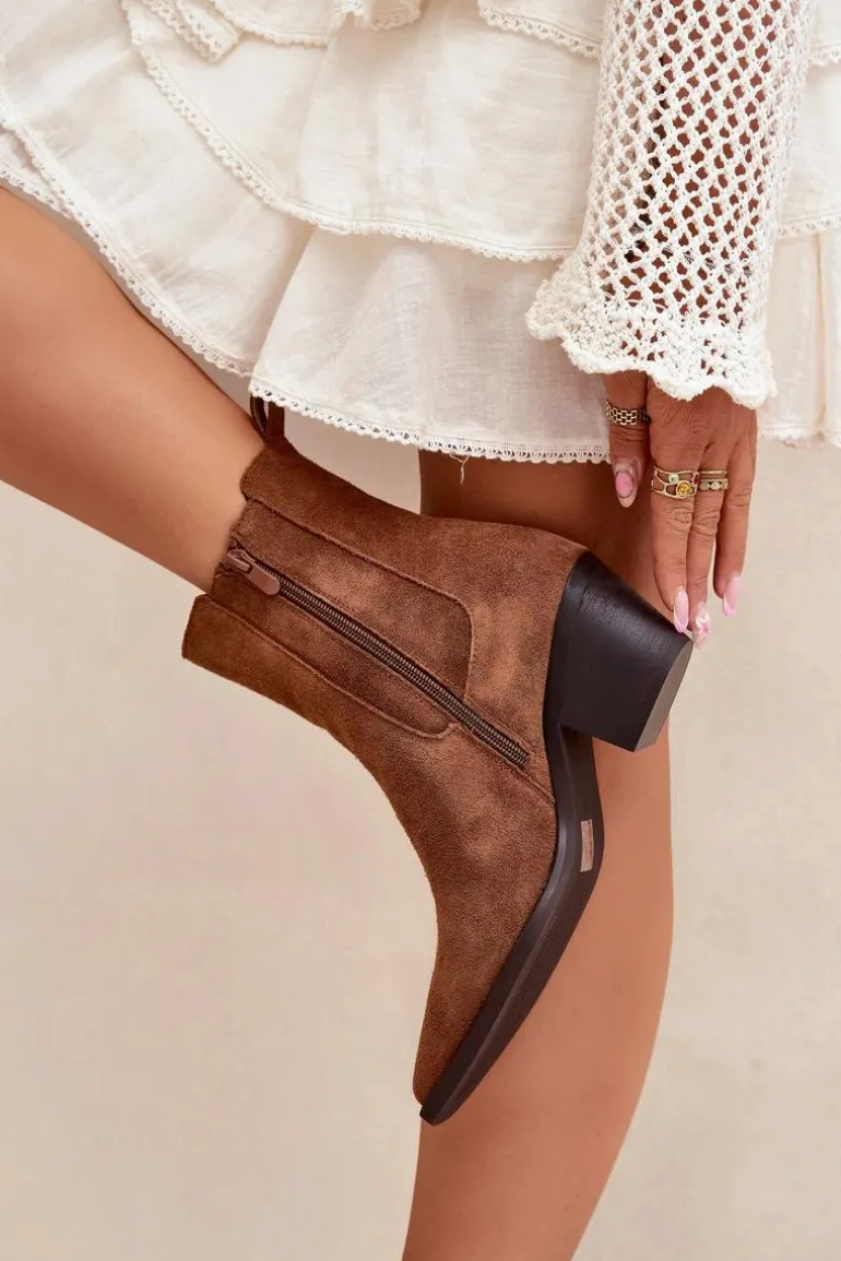 Zamszowe Botki Damskie Na Słupku Ocieplane Camel Arelia