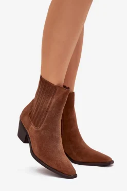 Zamszowe Botki Damskie Na Słupku Ocieplane Camel Arelia