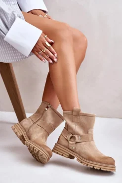 Zamszowe Botki Damskie Na Płaskim Obcasie Lewski 3610 Beżowe