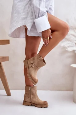 Zamszowe Botki Damskie Na Płaskim Obcasie Lewski 3610 Beżowe