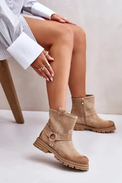 Zamszowe Botki Damskie Na Płaskim Obcasie Lewski 3610 Beżowe