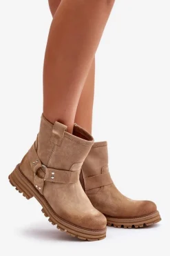 Zamszowe Botki Damskie Na Płaskim Obcasie Lewski 3610 Beżowe