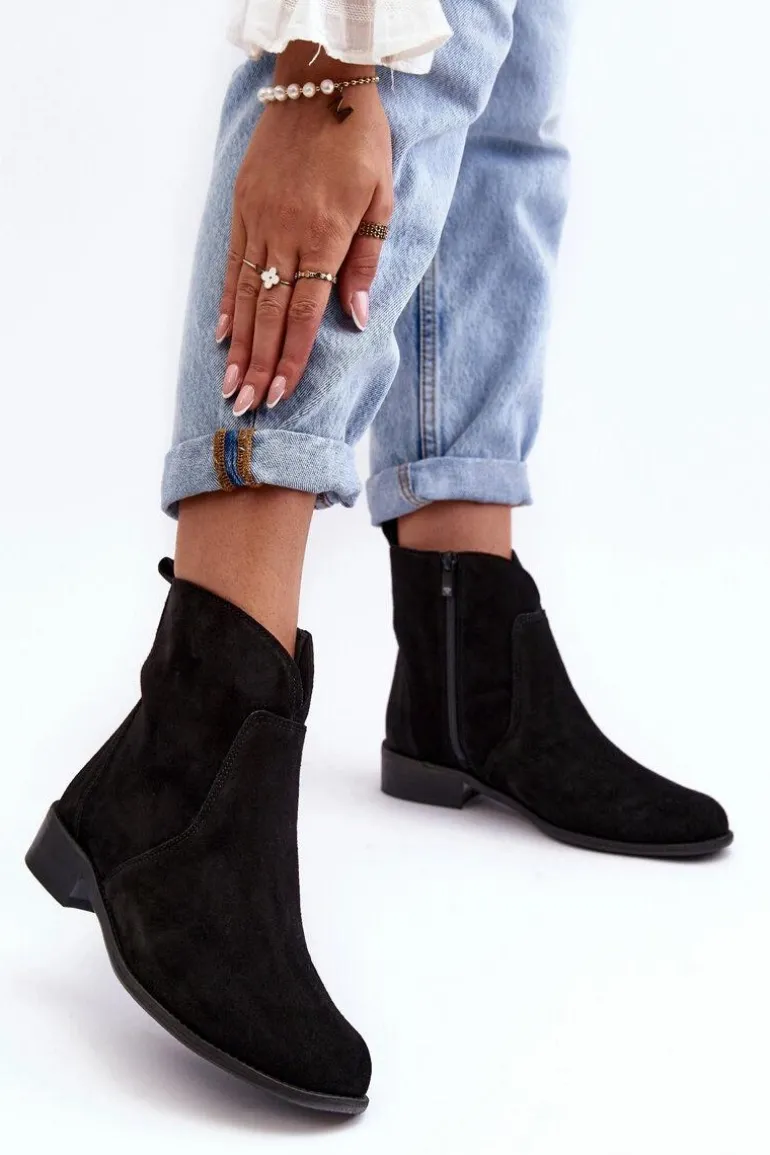 Zamszowe Botki Damskie Na Suwak Czarne Nicole 2829