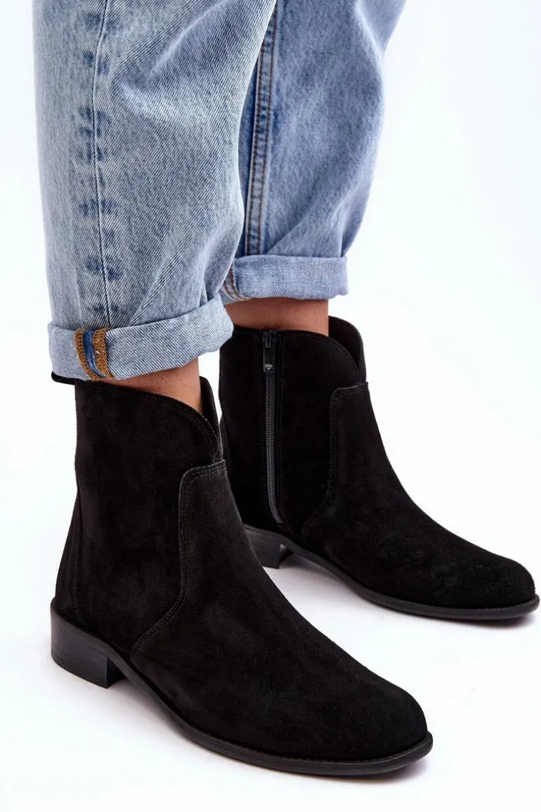 Zamszowe Botki Damskie Na Suwak Czarne Nicole 2829