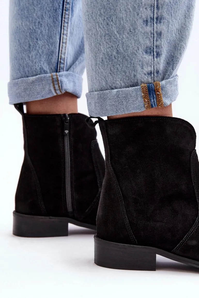 Zamszowe Botki Damskie Na Suwak Czarne Nicole 2829