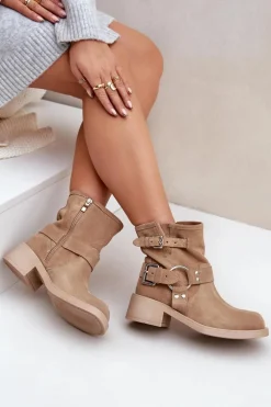 Zamszowe Botki Damskie Na Niskim Obcasie Klocku Z Paskami Zazoo 3644 Beżowe