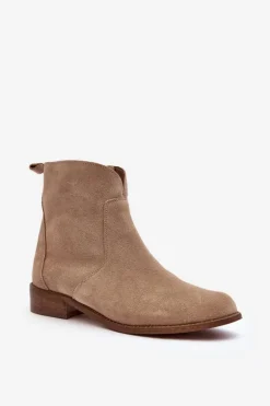 Zamszowe Botki Damskie Na Suwak Beżowe Nicole 2829