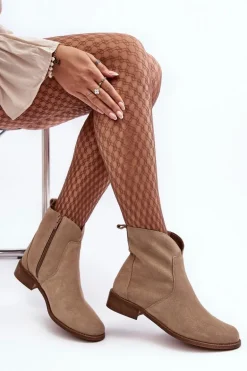 Zamszowe Botki Damskie Na Suwak Beżowe Nicole 2829