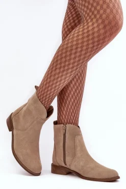 Zamszowe Botki Damskie Na Suwak Beżowe Nicole 2829