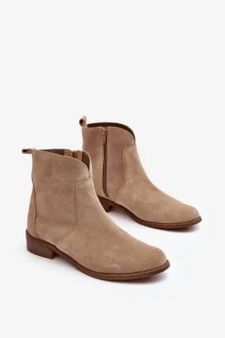 Zamszowe Botki Damskie Na Suwak Beżowe Nicole 2829