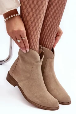 Zamszowe Botki Damskie Na Suwak Beżowe Nicole 2829