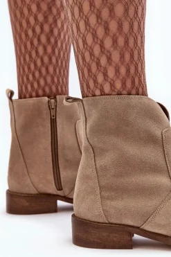 Zamszowe Botki Damskie Na Suwak Beżowe Nicole 2829