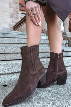 Zamszowe Botki Damskie Na Słupku Ocieplane Brązowe Arelia