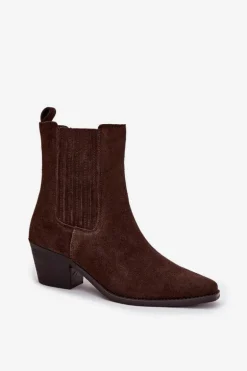 Zamszowe Botki Damskie Na Słupku Ocieplane Brązowe Arelia