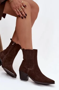 Zamszowe Botki Damskie Na Słupku Ocieplane Brązowe Arelia