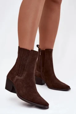 Zamszowe Botki Damskie Na Słupku Ocieplane Brązowe Arelia