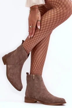 Zamszowe Botki Damskie Na Suwak Ciemnobeżowe Nicole 2829