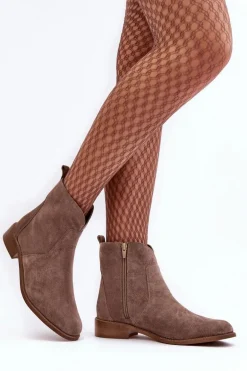 Zamszowe Botki Damskie Na Suwak Ciemnobeżowe Nicole 2829