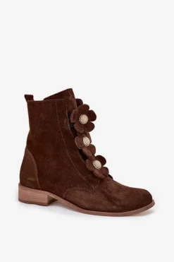 Zamszowe Botki Damskie Z Ozdobnymi Kwiatkami Zazoo 3085 Brązowe