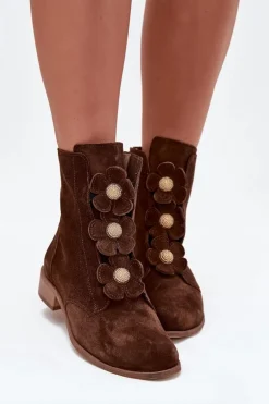 Zamszowe Botki Damskie Z Ozdobnymi Kwiatkami Zazoo 3085 Brązowe