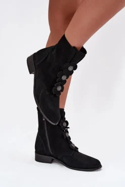 Zamszowe Botki Damskie Z Ozdobnymi Kwiatkami Zazoo 3085 Czarne