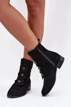 Zamszowe Botki Damskie Z Ozdobnymi Kwiatkami Zazoo 3085 Czarne