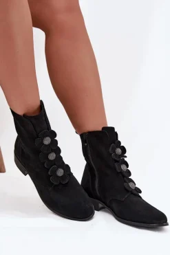 Zamszowe Botki Damskie Z Ozdobnymi Kwiatkami Zazoo 3085 Czarne