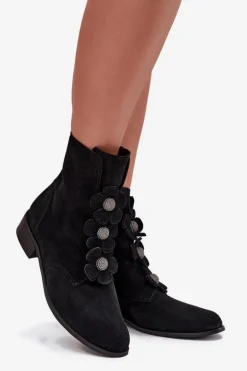 Zamszowe Botki Damskie Z Ozdobnymi Kwiatkami Zazoo 3085 Czarne