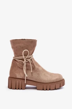 Zamszowe Botki Damskie Z Wiązaniem Beżowe Lineanor