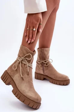 Zamszowe Botki Damskie Z Wiązaniem Beżowe Lineanor