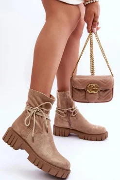 Zamszowe Botki Damskie Z Wiązaniem Beżowe Lineanor