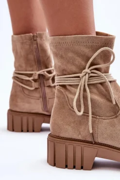 Zamszowe Botki Damskie Z Wiązaniem Beżowe Lineanor