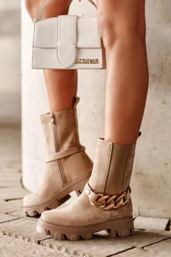 Zamszowe Botki Damskie Z Łańcuchem Beżowe Nemette