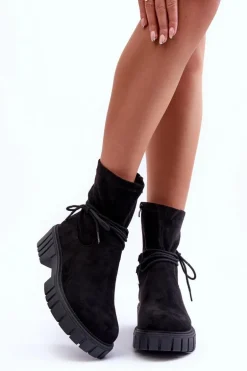 Zamszowe Botki Damskie Z Wiązaniem Czarne Lineanor