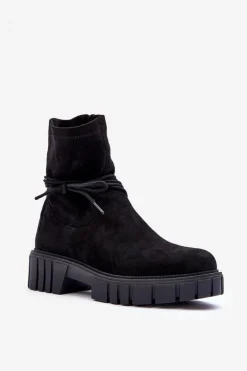 Zamszowe Botki Damskie Z Wiązaniem Czarne Lineanor