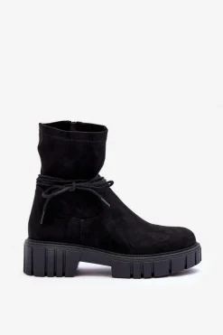 Zamszowe Botki Damskie Z Wiązaniem Czarne Lineanor